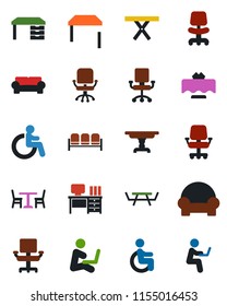 Color and black flat icon set - cafe vector, waiting area, disabled, office chair, desk, picnic table, cushioned furniture, restaurant, man with notebook