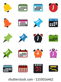 Color and black flat icon set - alarm clock vector, drawing pin, calendar, term, paper, bell, schedule