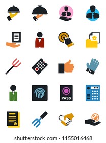 Color and black flat icon set - passport vector, document, garden fork, farm, glove, client, touch screen, finger up, fingerprint id, contract, estate, waiter, remote control, combination lock