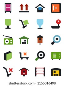 Color and black flat icon set - safe vector, checkroom, bird house, fragile, cargo, warehouse storage, up side sign, no trolley, heavy scales, search, rack, radio, blank box, archive