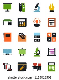 Color and black flat icon set - contract vector, book, calculator, desk, presentation board, microscope, notes, copybook, paper clip, abacus, ink pen, shining head