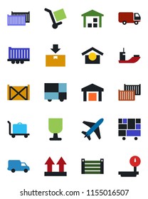 Color and black flat icon set - plane vector, baggage trolley, sea shipping, truck trailer, cargo container, car delivery, consolidated, fragile, warehouse storage, up side sign, package