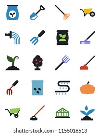 Color and black flat icon set - garden fork vector, shovel, farm, rake, wheelbarrow, watering, sproute, hoe, pumpkin, greenhouse, seeds, fertilizer, drip irrigation, fruit tree