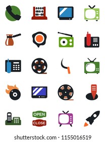 Color and black flat icon set - tv vector, abacus, stamp, sickle, plant label, reel, flame disk, radio, phone, call, office, open close, turkish coffee, rocket