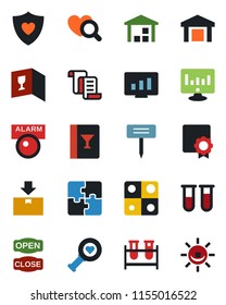Color and black flat icon set - contract vector, statistic monitor, plant label, blood test vial, heart diagnostic, shield, warehouse, package, application, sertificate, wine card, open close
