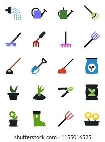 Color and black flat icon set - garden fork vector, shovel, farm, rake, seedling, watering can, sproute, pruner, boot, hoe, fertilizer, flower in pot