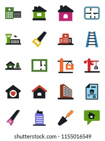 Color and black flat icon set - airport building vector, office, trowel, ladder, saw, house, hospital, with tree, plan, estate document, sweet home, city, crane, message