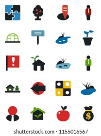Color and black flat icon set - left arrow vector, manager, seedling, plant label, greenhouse, pond, important flag, application, house with tree, fruit, estate agent, apple, eco, money bag