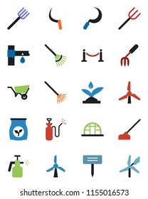 Color and black flat icon set - fence vector, garden fork, farm, rake, wheelbarrow, hoe, sickle, plant label, greenhouse, sprayer, fertilizer, drip irrigation, windmill
