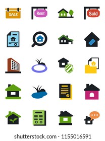 Color and black flat icon set - office building vector, house, pond, contract, with garage, tree, estate document, sale, rent, sold signboard, search, smart home, insurance, eco, message