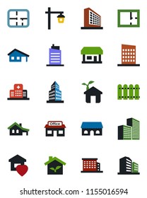 Color and black flat icon set - office building vector, garden light, hospital, store, house with garage, fence, plan, sweet home, city, cafe, eco