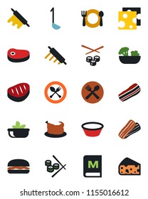 Color and black flat icon set - spoon and fork vector, cafe, menu, salad, bacon, chicken, steak, hamburger, ladle, bowl, rolling pin, sushi, cheese