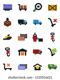 Color and black flat icon set - sea shipping vector, truck trailer, cargo container, car delivery, port, warehouse storage, no trolley, hook, package, search, moving