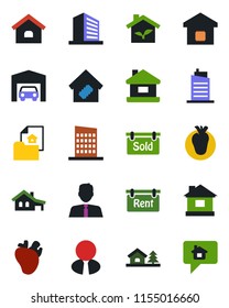 Color and black flat icon set - office building vector, house, real heart, with garage, tree, estate document, rent, sold signboard, agent, smart home, city, eco, message