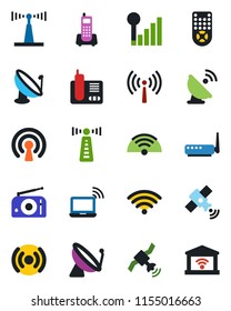 Color and black flat icon set - antenna vector, satellite, wireless notebook, office phone, radio, remote control, cellular signal, router, garage gate