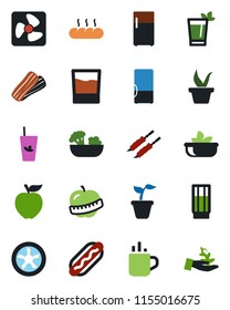 Color and black flat icon set - hot cup vector, seedling, diet, fridge, drink, phyto bar, salad, bacon, bread, kebab, dog, apple fruit, fan, palm sproute