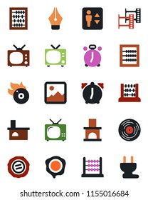 Color and black flat icon set - elevator vector, alarm clock, tv, abacus, stamp, fireplace, film frame, vinyl, flame disk, gallery, ink pen, power plug