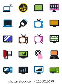 Color and black flat icon set - wireless notebook vector, radar, pc, statistic monitor, pulse, tv, touch screen, laptop, hdmi, statistics, intercome