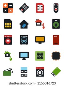 Color and black flat icon set - washer vector, calculator, monitor, speaker, phone back, sim, smart home, credit card, control, chip, remote, usb flash