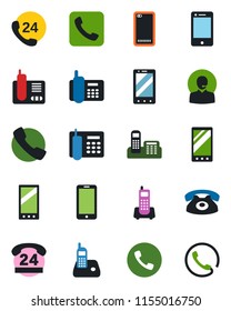 Color and black flat icon set - phone vector, mobile, office, 24 hours, cell, radio, back, call, support