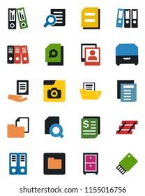 Color and black flat icon set - office binder vector, document search, receipt, folder, photo gallery, paper, tray, archive box, usb flash