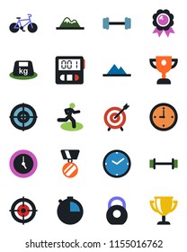 Color and black flat icon set - medal vector, barbell, bike, run, heavy, clock, stopwatch, target, mountains, award cup
