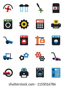 Color and black flat icon set - coffee machine vector, washer, fork loader, gear, ripper, lawn mower, tomography, printer, crane, water filter, combination lock