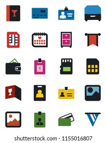Color and black flat icon set - credit card vector, identity, medical calendar, gallery, sd, sim, archive box, wine, wallet, pennon