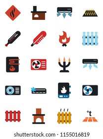Color and black flat icon set - fire vector, fireplace, thermometer, heater, air conditioner, candle, water, smoke detector, radiator, warm floor