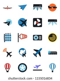 Color and black flat icon set - plane vector, radar, departure, wind, seat map, globe, air conditioner, fan, paper, balloon