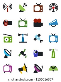 Color and black flat icon set - antenna vector, satellite, radio, loudspeaker, tv, video camera, wireless