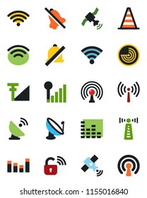 Color and black flat icon set - antenna vector, border cone, radar, satellite, equalizer, wireless, mute, cellular signal, lock