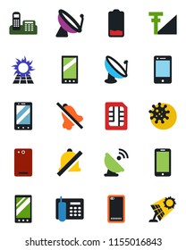 Color and black flat icon set - satellite antenna vector, mobile phone, virus, cell, low battery, back, sim, mute, cellular signal, office, sun panel