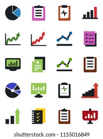 Color and black flat icon set - growth statistic vector, monitor, diagnosis, pulse clipboard, statistics, bar graph, pie, checklist, point, presentation