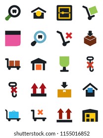 Color and black flat icon set - baggage trolley vector, fragile, cargo, warehouse storage, up side sign, no, hook, package, search, scanner, blank box