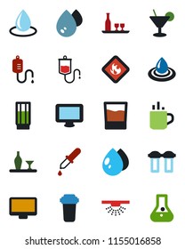Color and black flat icon set - hot cup vector, water drop, dropper, flammable, monitor, alcohol, drink, cocktail, filter, sprinkler, flask