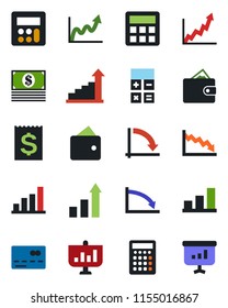 Color and black flat icon set - credit card vector, growth statistic, calculator, crisis graph, receipt, bar, wallet, cash, presentation