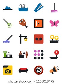 Color and black flat icon set - passport control vector, airport building, checkroom, stamp, rake, butterfly, garden light, heavy scales, menu, record, photo gallery, stapler, pool, mountains, ham