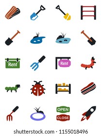 Color and black flat icon set - job vector, garden fork, shovel, lady bug, caterpillar, pond, rack, rent, bacon, open close, rocket