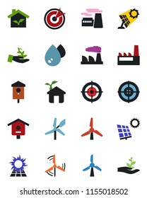 Color and black flat icon set - factory vector, bird house, target, sun panel, windmill, eco, water, palm sproute