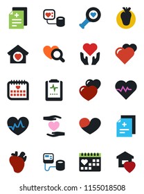 Color and black flat icon set - heart vector, pulse, diagnosis, blood pressure, diagnostic, hand, real, medical calendar, clipboard, sweet home