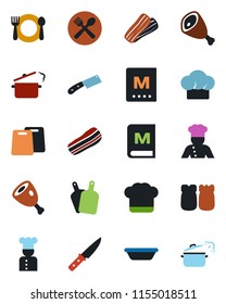 Color and black flat icon set - cook vector, cafe, hat, menu, bacon, salt and pepper, ham, bowl, cutting board, knife, steaming pan