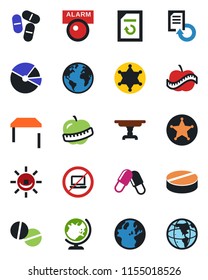 Color and black flat icon set - no laptop vector, globe, document reload, pills, diet, earth, pie graph, table, police, alarm led