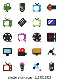 Color and black flat icon set - tv vector, reel, satellite, video camera, remote control, monitor