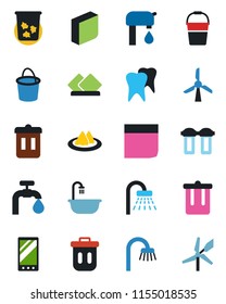 Color and black flat icon set - trash bin vector, shower, bucket, tooth, mobile, blank box, water supply, bathroom, serviette, filter, windmill