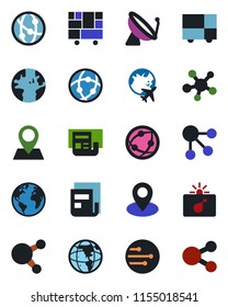 Color and black flat icon set - satellite antenna vector, bomb in case, plane globe, earth, pin, consolidated cargo, network, share, news, social media
