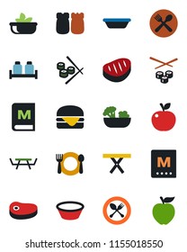 Color and black flat icon set - spoon and fork vector, picnic table, cafe, menu, salad, salt pepper, steak, hamburger, bowl, sushi, apple fruit