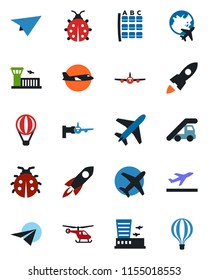 Color and black flat icon set - plane vector, departure, ladder car, boarding, helicopter, seat map, globe, airport building, lady bug, rocket, paper, air balloon