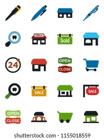 Color and black flat icon set - 24 around vector, shop, pen, store, search cargo, sale, sold signboard, cafe building, open close, cart, storefront