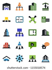 Color and black flat icon set - hierarchy vector, well, hospital, molecule, office building, garage, plan, home message